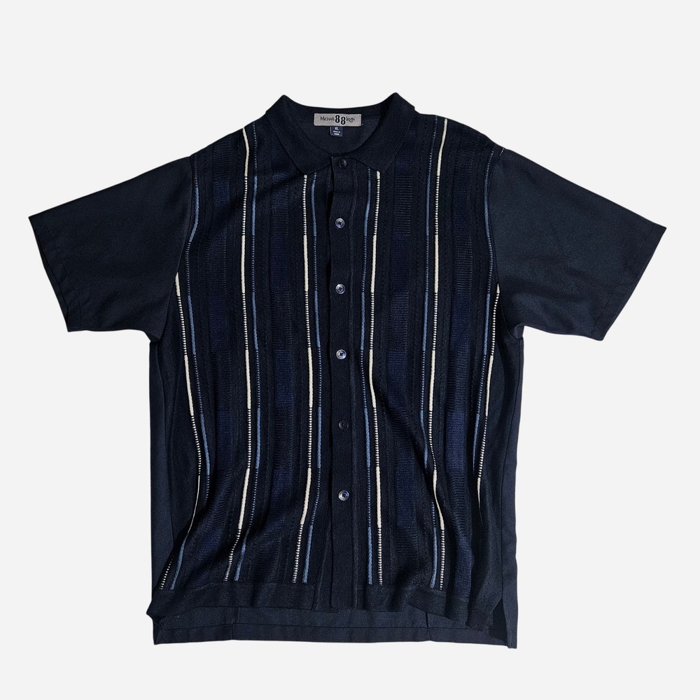 Michael Irvin 88 Mens XL Navy Blue Textured Vertical Stripe Polo Shirt Short Slv
